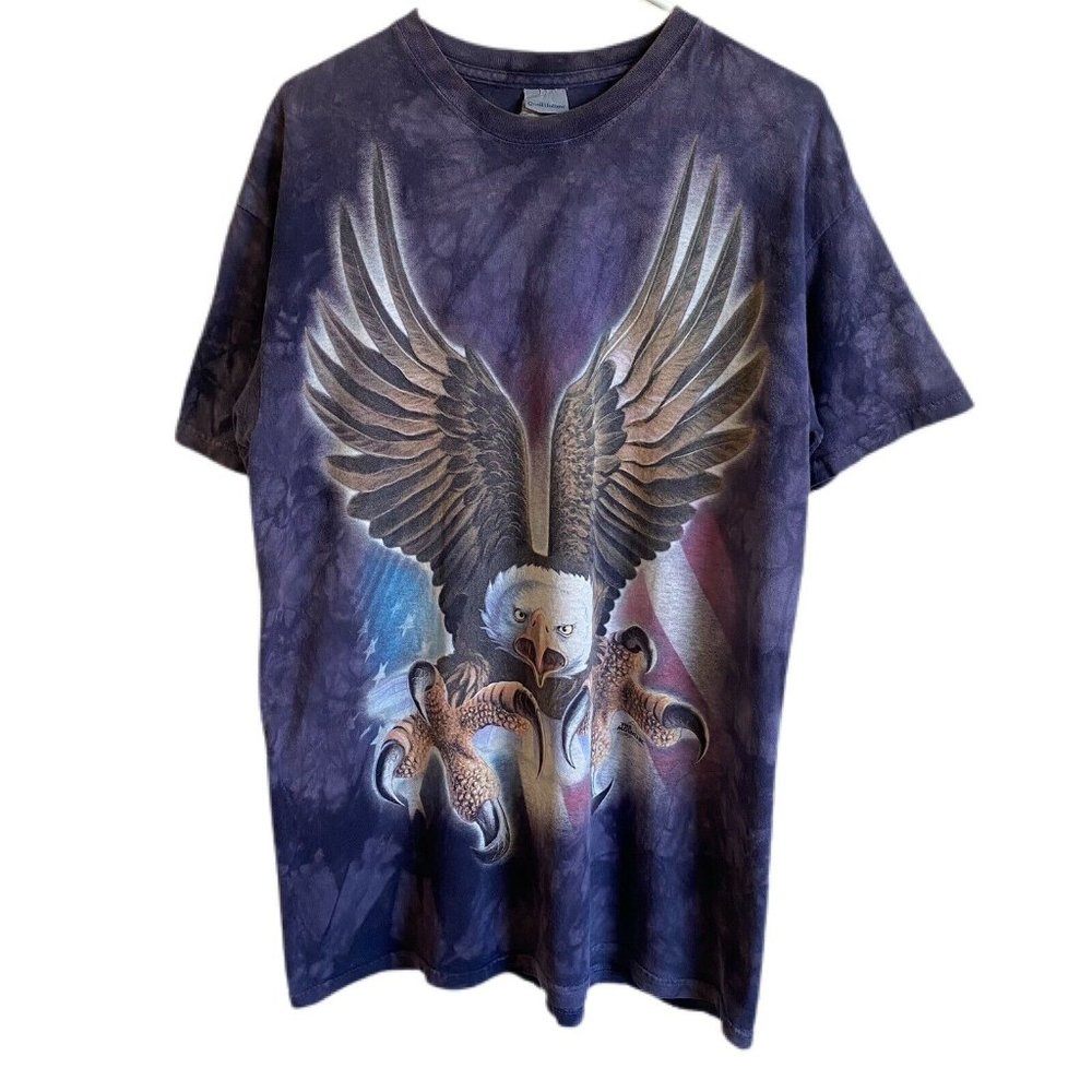 The Mountain Giant Bald Eagle Flag USA America Tie Dye Crewneck Purple Sz Large